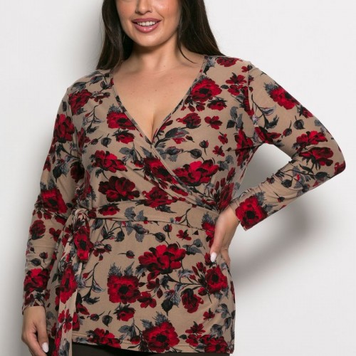 Plus Size Μπλούζα Κρουαζέ Πούρο Λουλούδια
