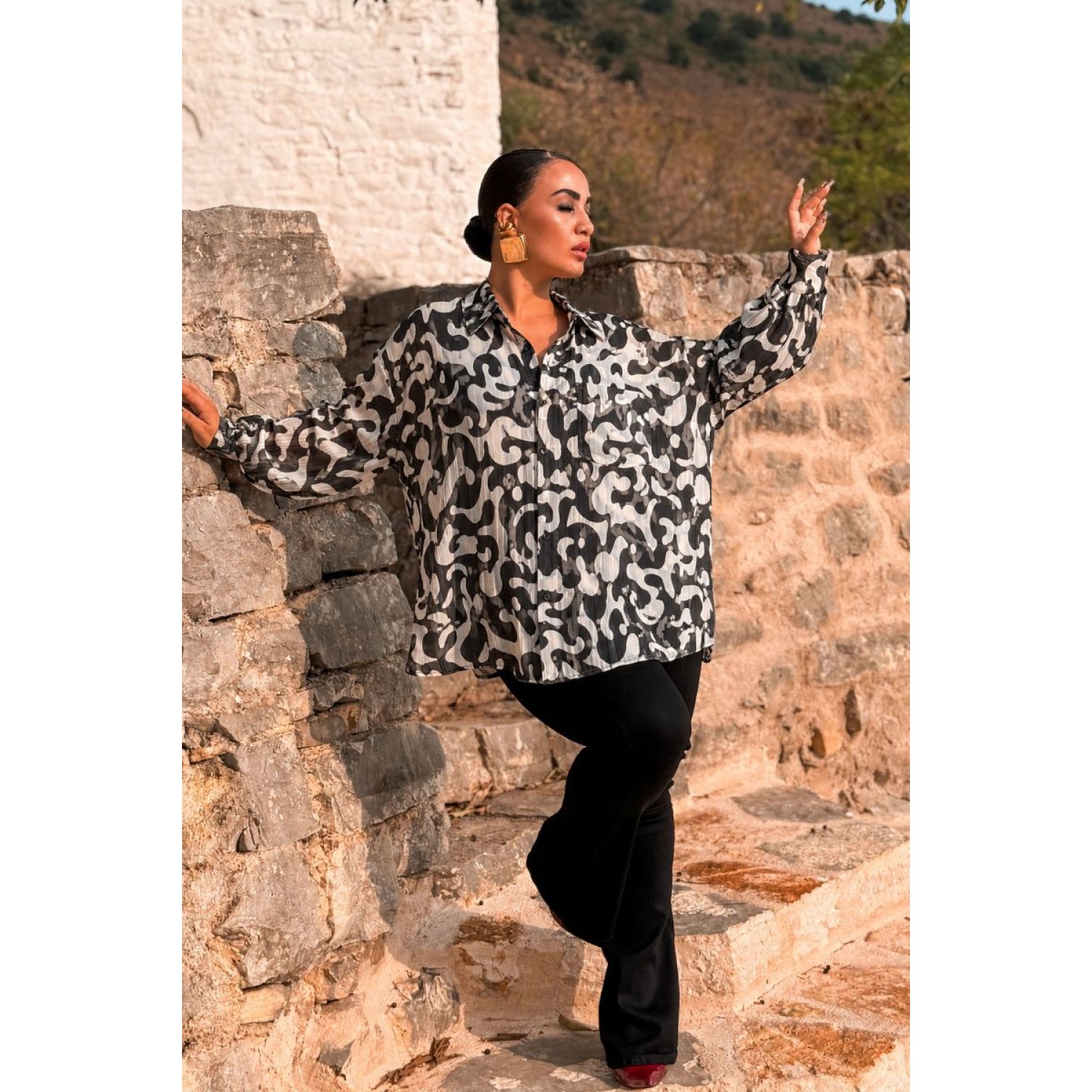 Plus Size Πουκαμίσα Oversized Μαύρο Εκρού Lurex