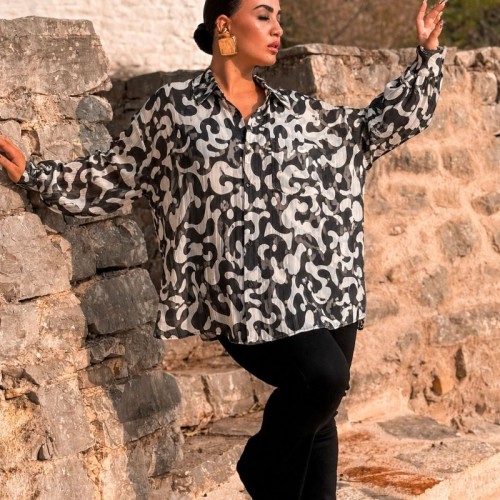 Plus Size Πουκαμίσα Oversized Μαύρο Εκρού Lurex