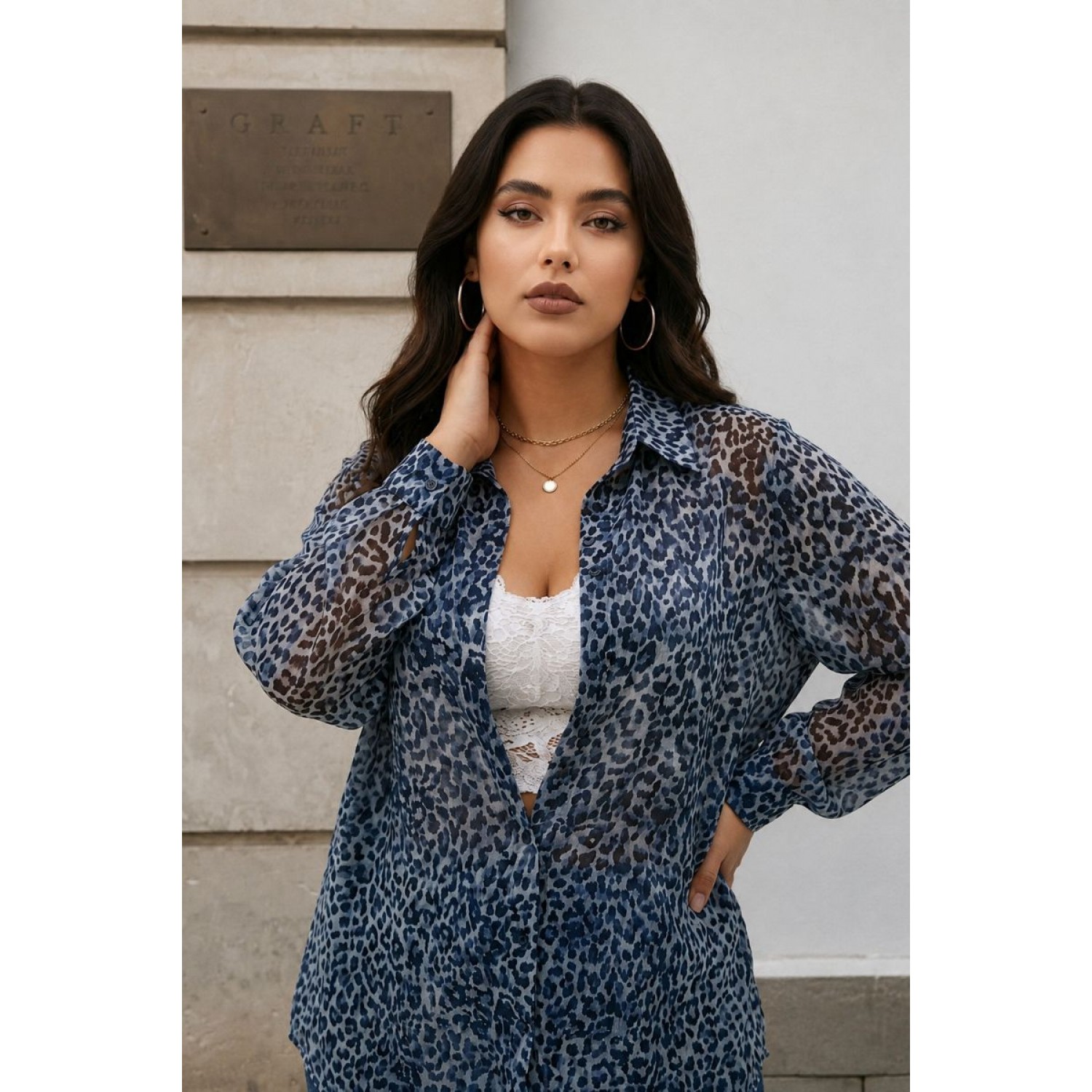 Plus Size Πουκαμίσα Oversized Animal Μπλε