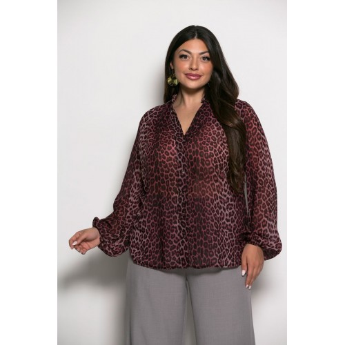 Plus Size Πουκαμίσα Εμπριμέ Μπορντώ Animal