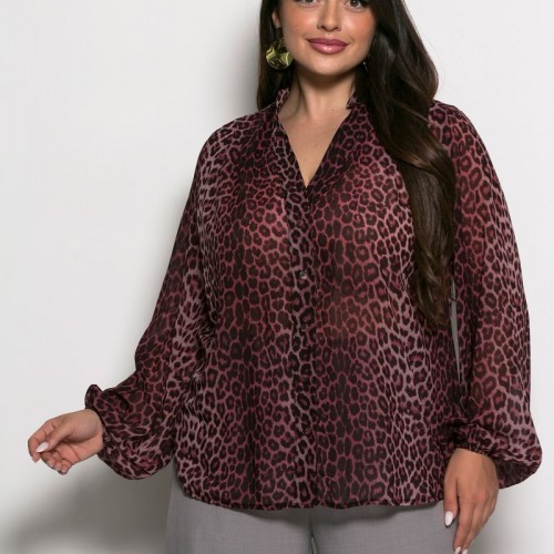Plus Size Πουκαμίσα Εμπριμέ Μπορντώ Animal