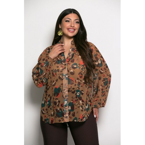 Plus Size Πουκαμίσα Εμπριμέ Camel Πετρόλ