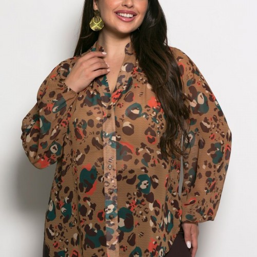 Plus Size Πουκαμίσα Εμπριμέ Camel Πετρόλ