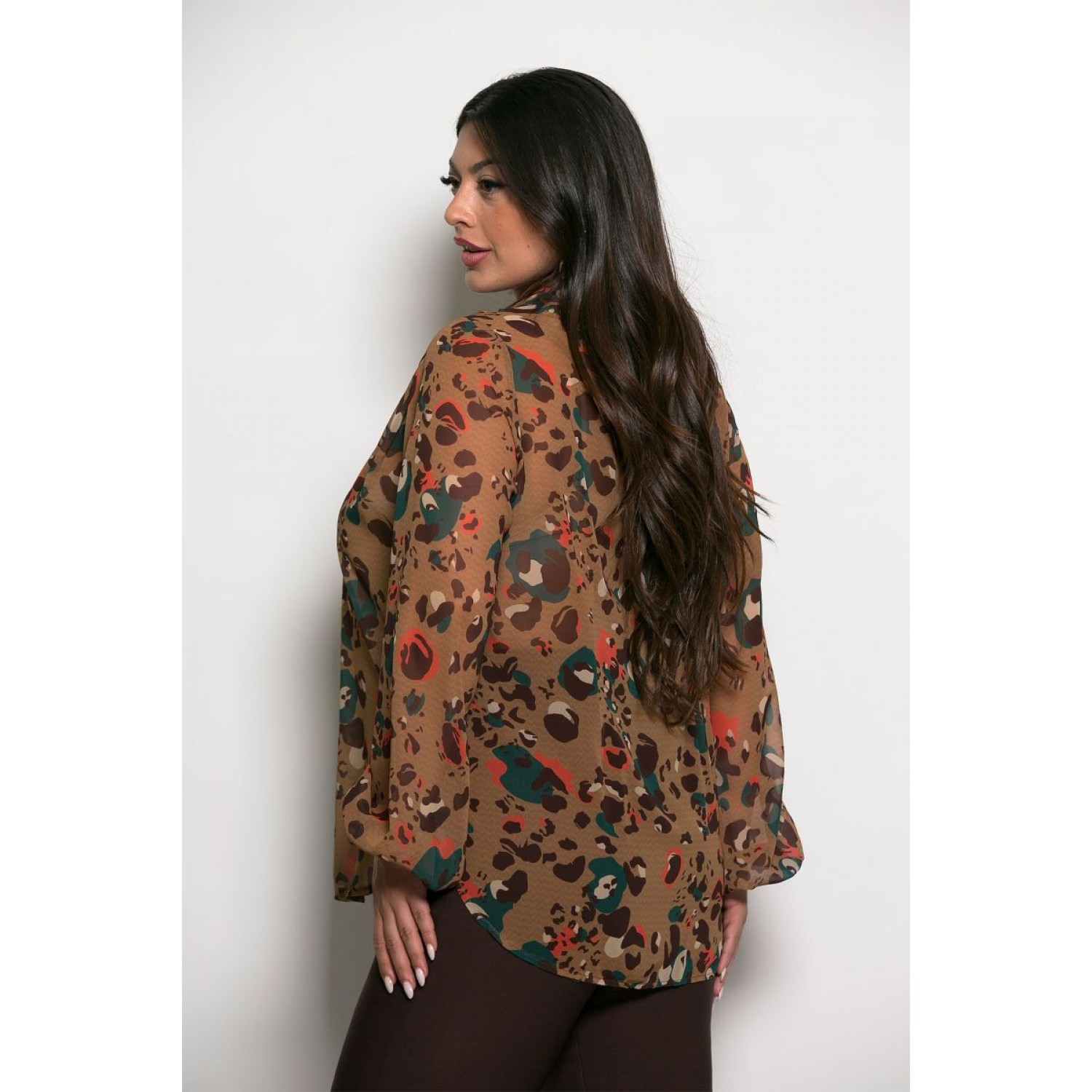 Plus Size Πουκαμίσα Εμπριμέ Camel Πετρόλ