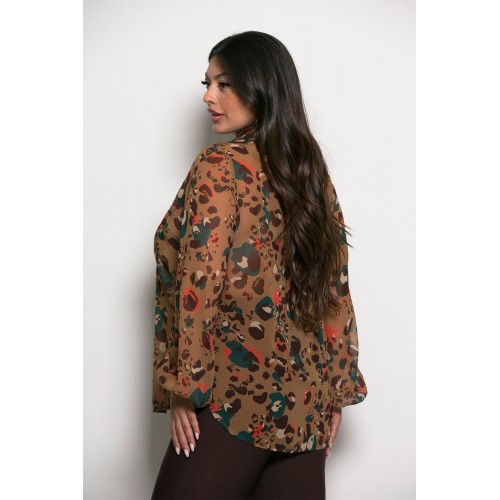 Plus Size Πουκαμίσα Εμπριμέ Camel Πετρόλ