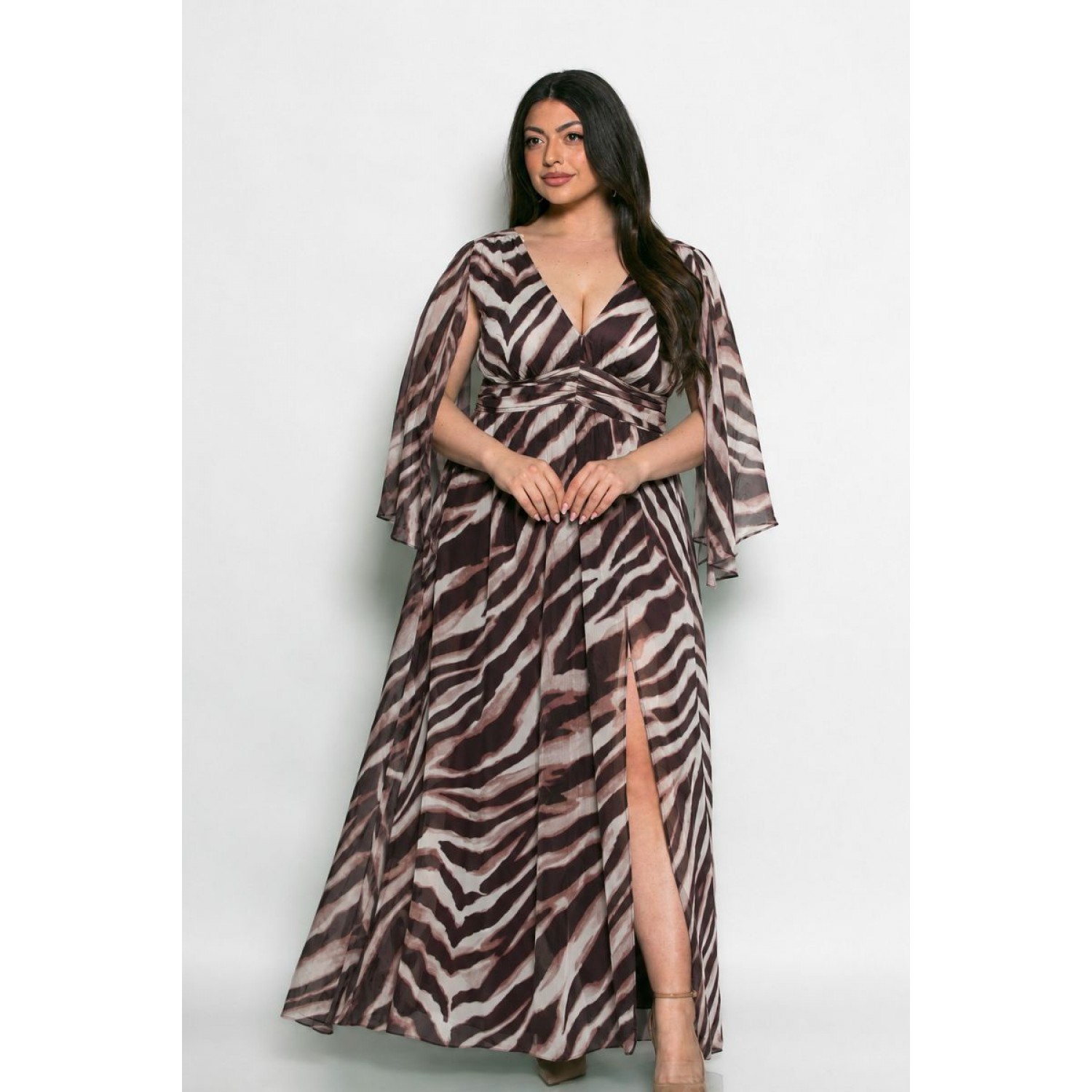 Plus Size Φόρεμα Με Μανίκια Πέπλο Μπορντώ Ζεβρέ