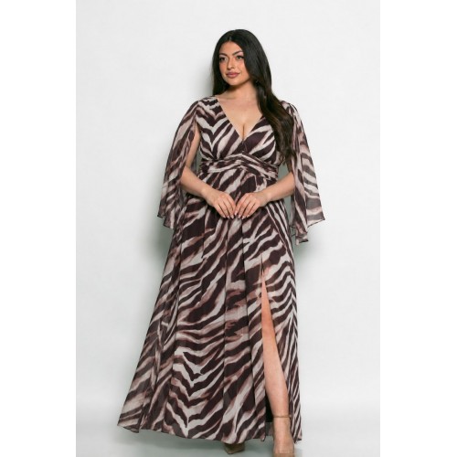 Plus Size Φόρεμα Με Μανίκια Πέπλο Μπορντώ Ζεβρέ