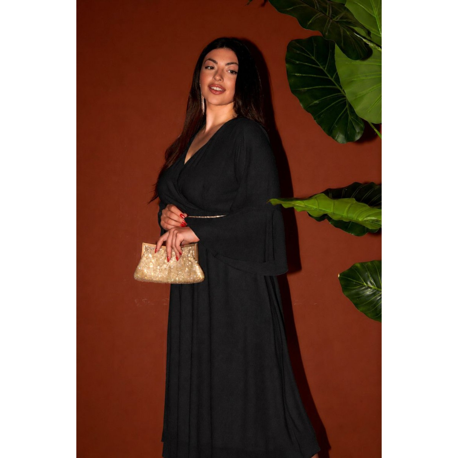Plus Size Φόρεμα Midi Πλισέ Μαύρο