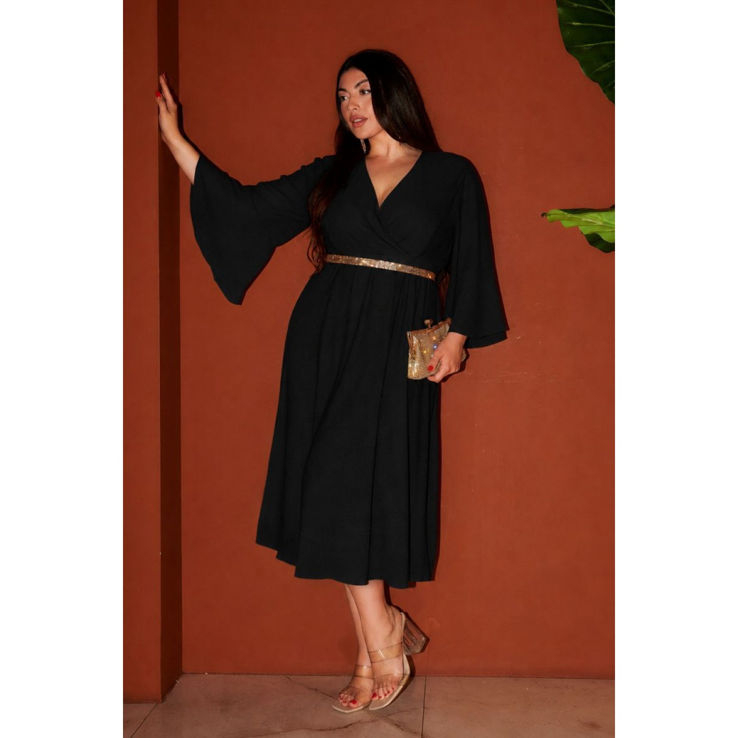 Plus Size Φόρεμα Midi Πλισέ Μαύρο