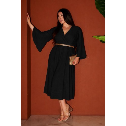 Plus Size Φόρεμα Midi Πλισέ Μαύρο