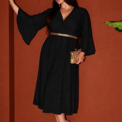 Plus Size Φόρεμα Midi Πλισέ Μαύρο