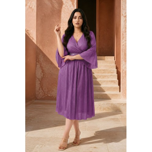 Plus Size Φόρεμα Midi Πλισέ Μωβ