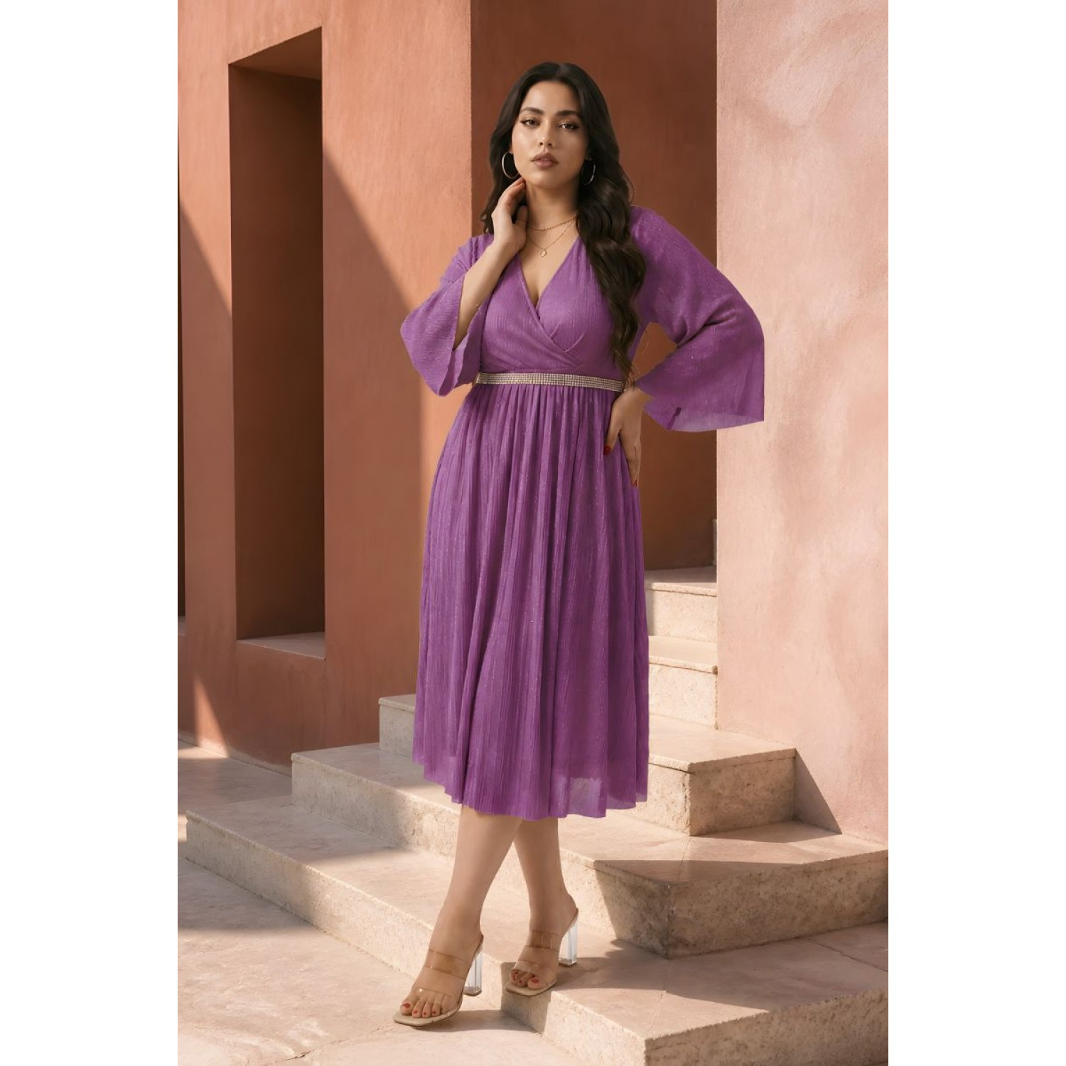 Plus Size Φόρεμα Midi Πλισέ Μωβ