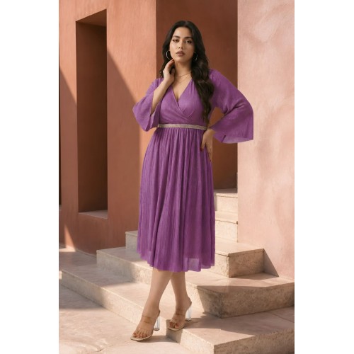 Plus Size Φόρεμα Midi Πλισέ Μωβ