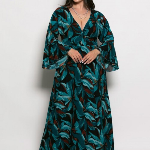Plus Size Φόρεμα Με Καμπάνα Μανίκια Πετρόλ Εκάι