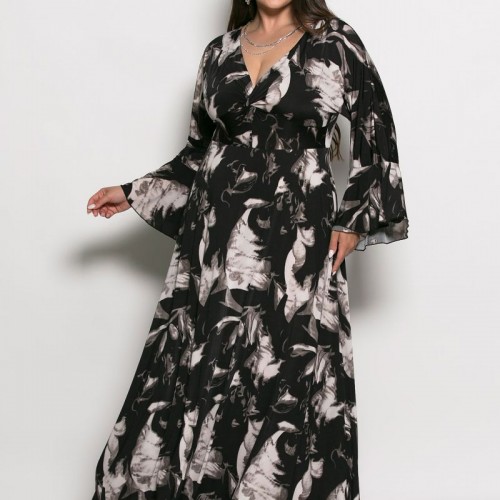 Plus Size Φόρεμα Με Καμπάνα Μανίκια Μαύρο Γκρι