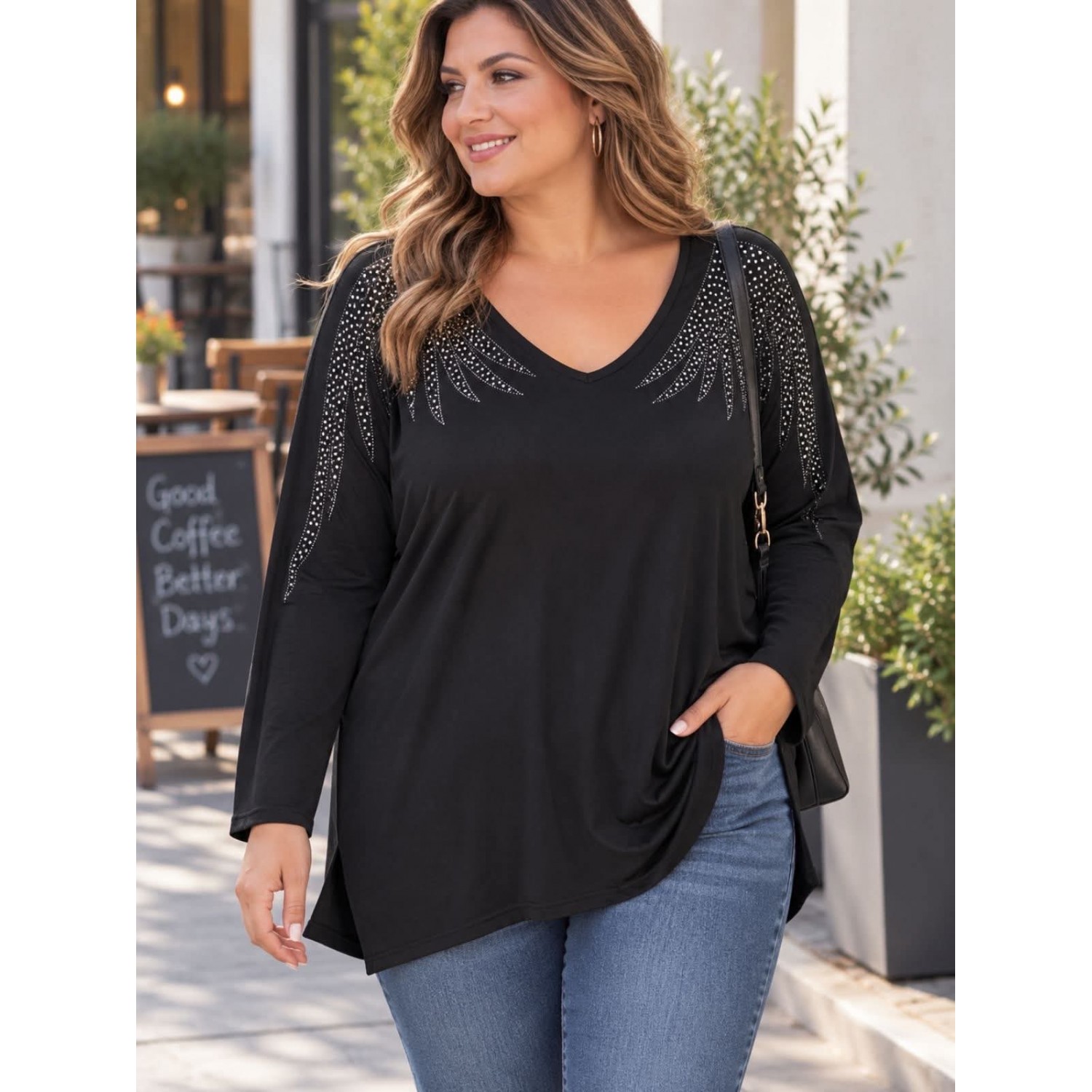 Plus Size Μπλούζα Υπερμέγεθος Μαύρο Στρας