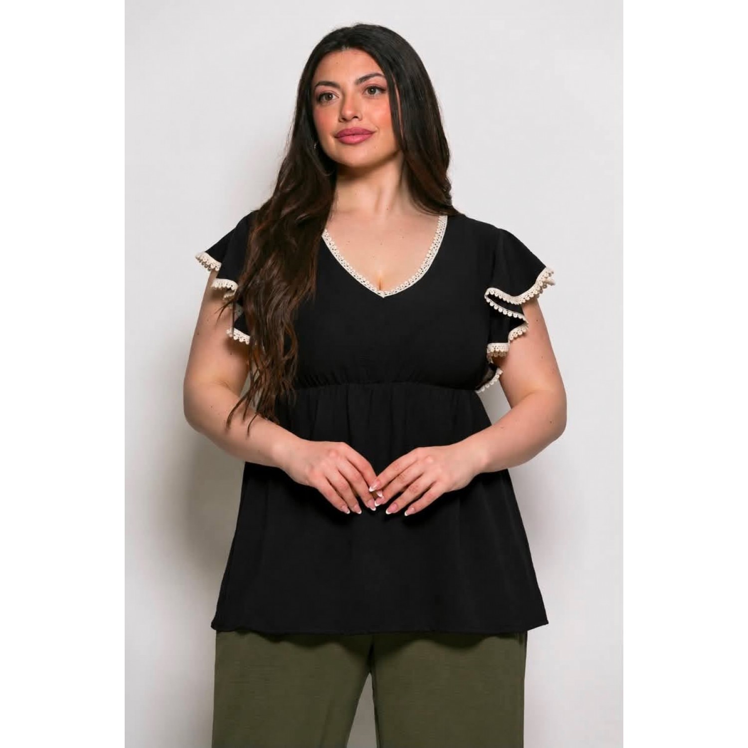 Plus Size Μπλούζα Με Δαντέλα Μαύρο