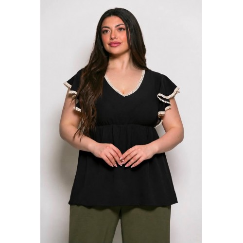 Plus Size Μπλούζα Με Δαντέλα Μαύρο