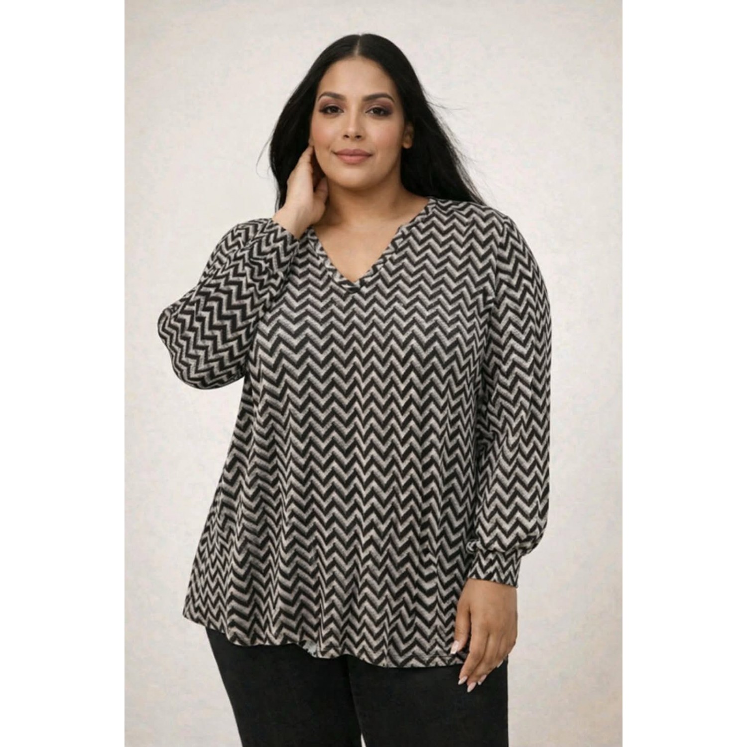 Plus Size Μπλούζα Basic Πλεκτή Καφέ Γκρι
