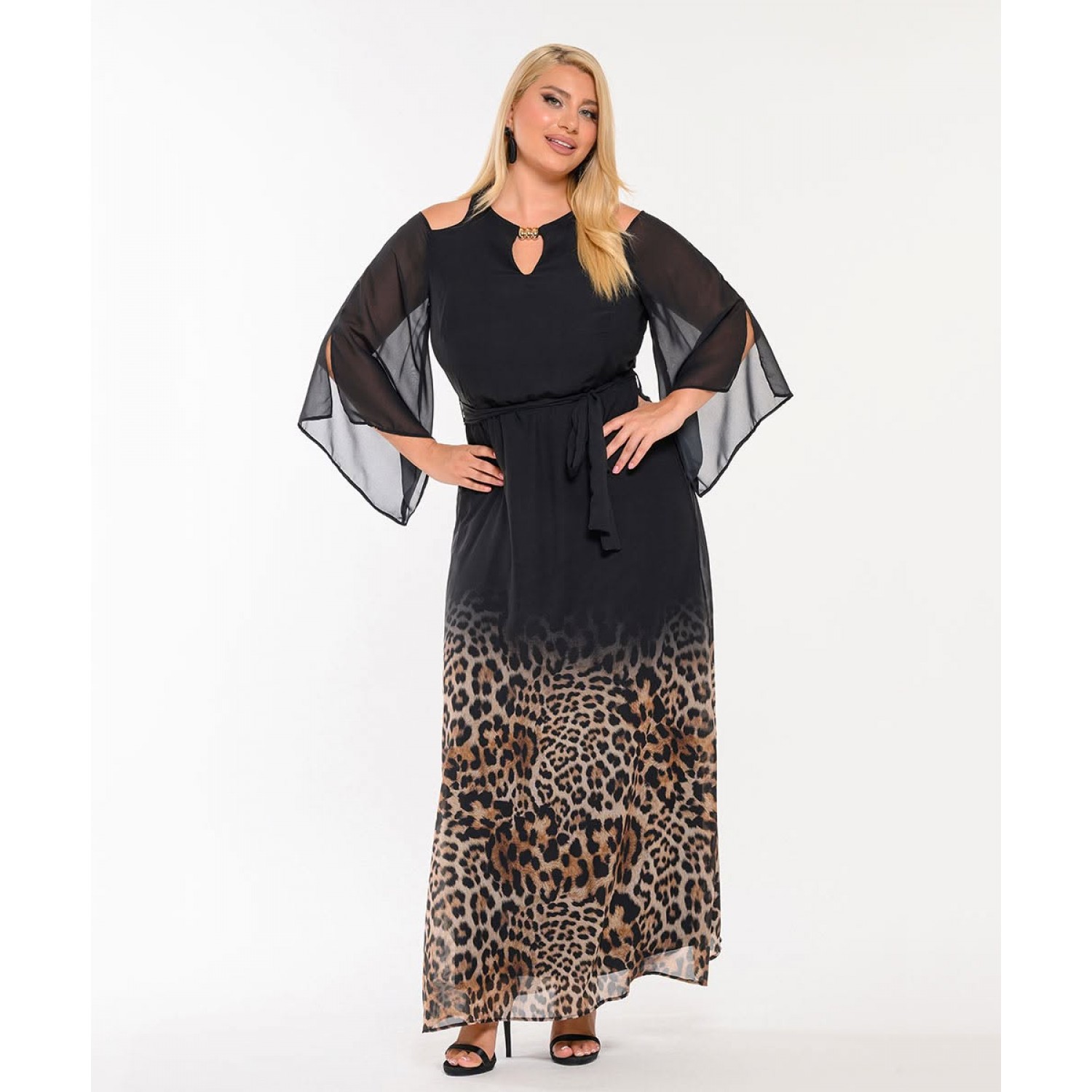Plus Size Φόρεμα Μουσελίνα Μαύρο Animal