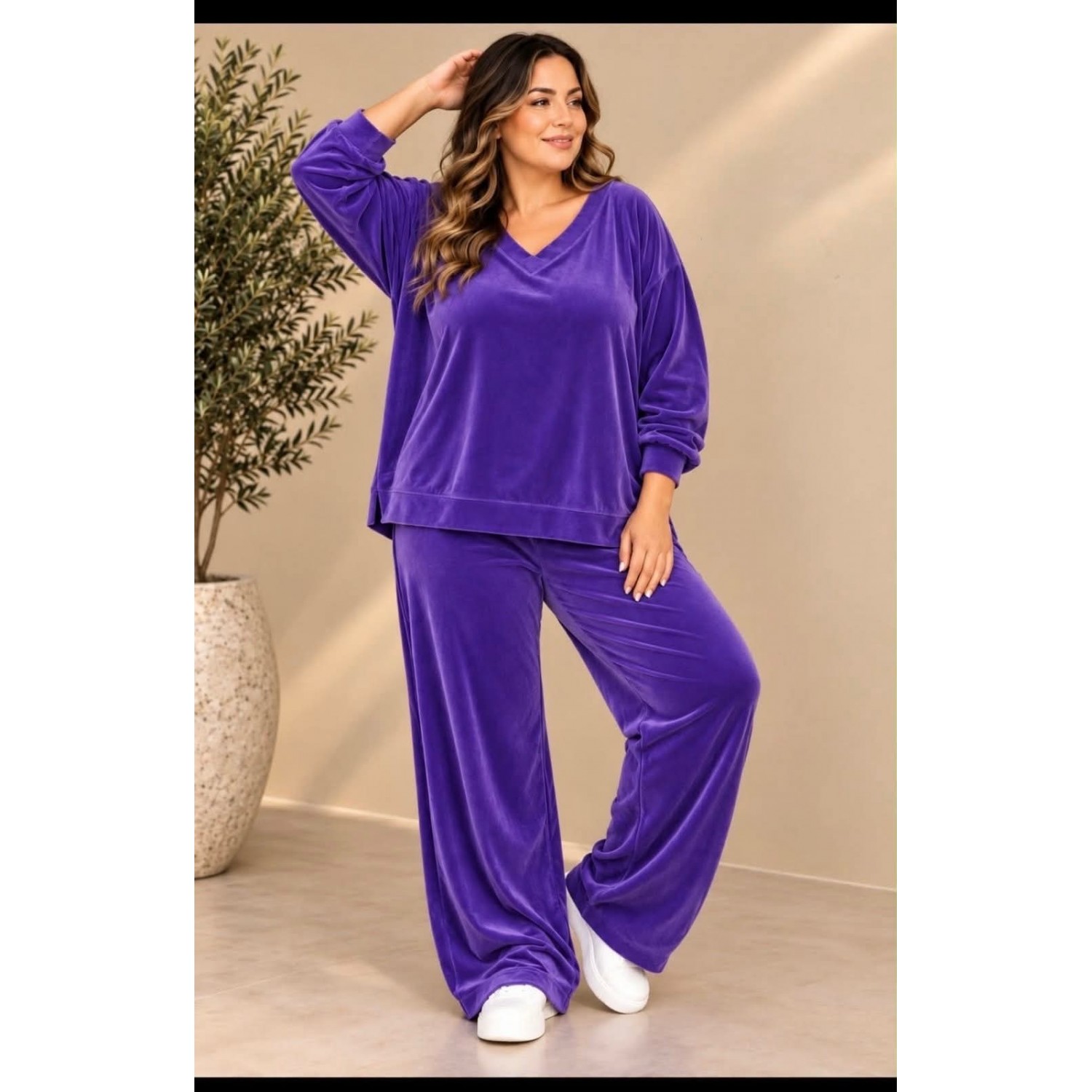 Plus Size Φόρμα Βελουτέ Μωβ