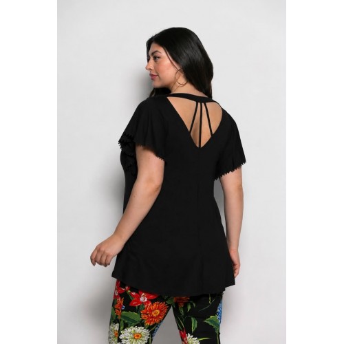 Plus Size Μπλούζα Με Άνοιγμα Πίσω Μαύρο