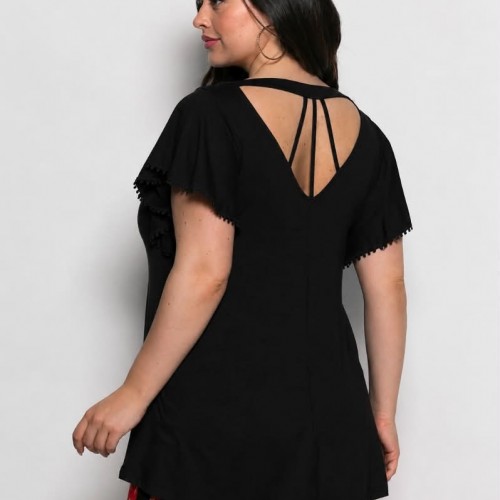 Plus Size Μπλούζα Με Άνοιγμα Πίσω Μαύρο