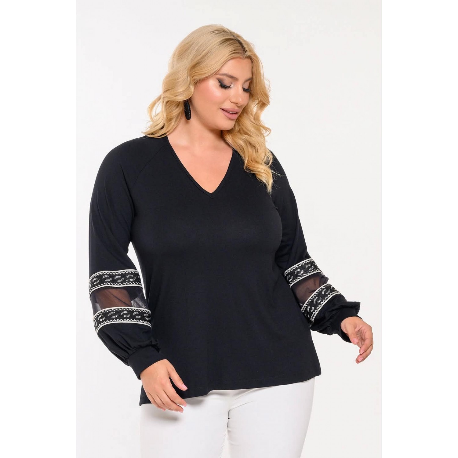 Plus Size Μπλούζα Με Διαφάνεια Μαύρο