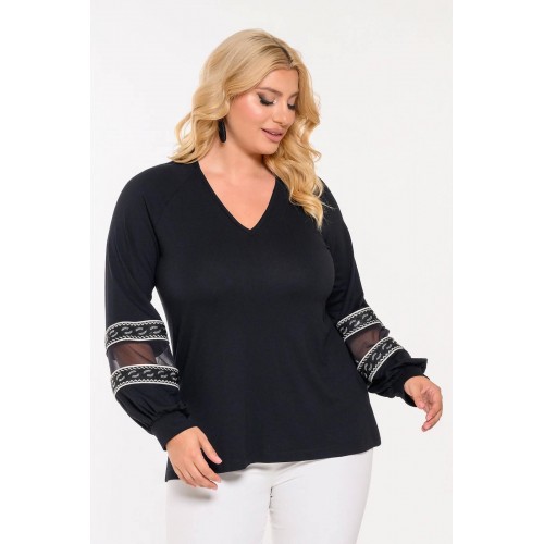 Plus Size Μπλούζα Με Διαφάνεια Μαύρο