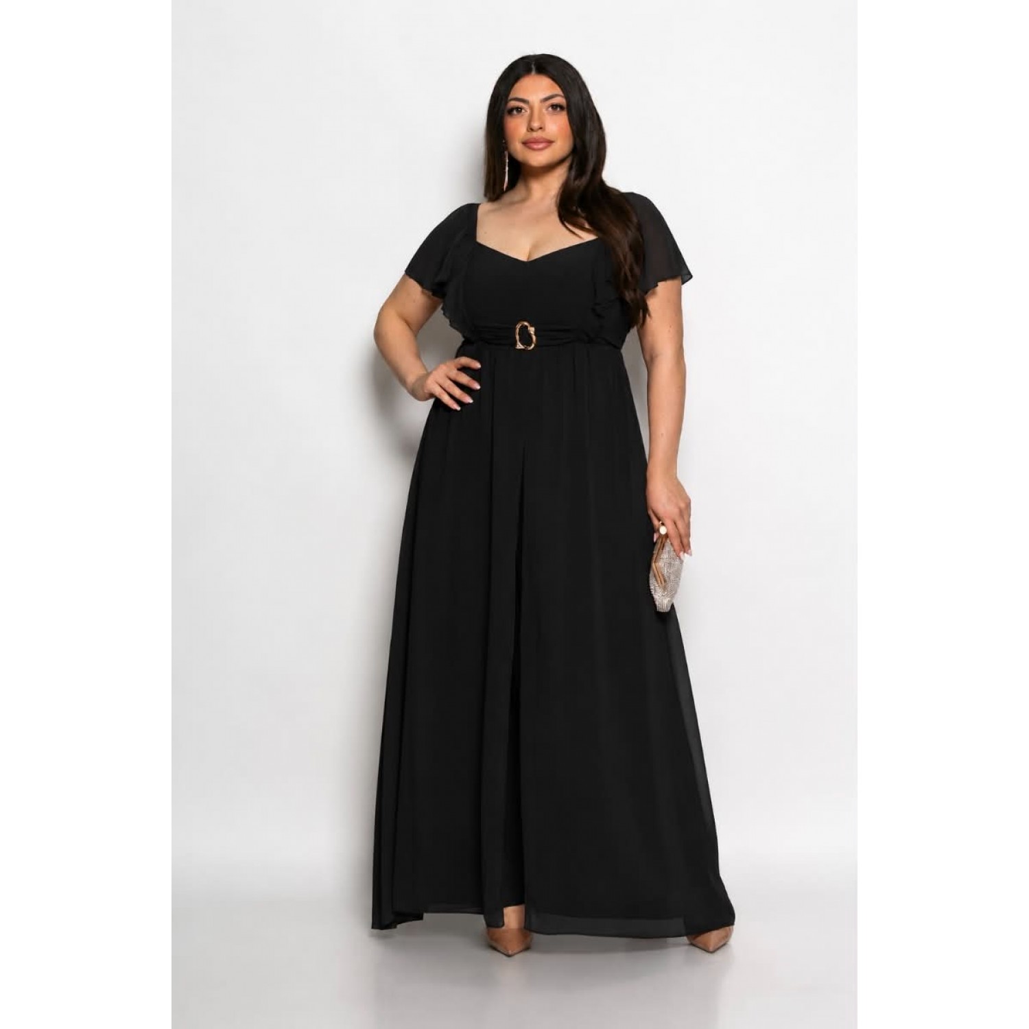 Plus Size Φόρμα Ολόσωμη Με Πέπλο Μαύρο