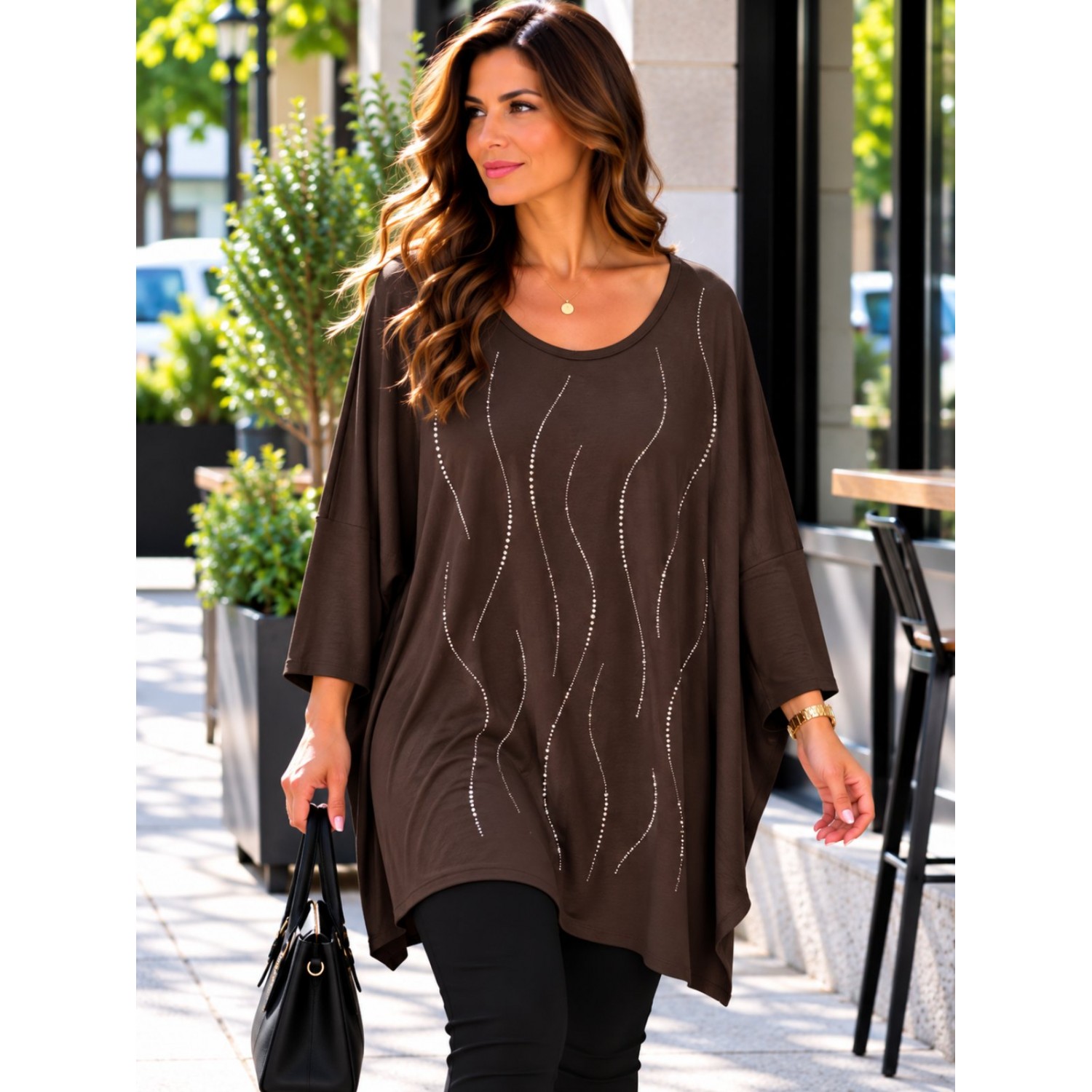 Plus Size Μπλούζα Υπερμέγεθος Καφέ Στρας
