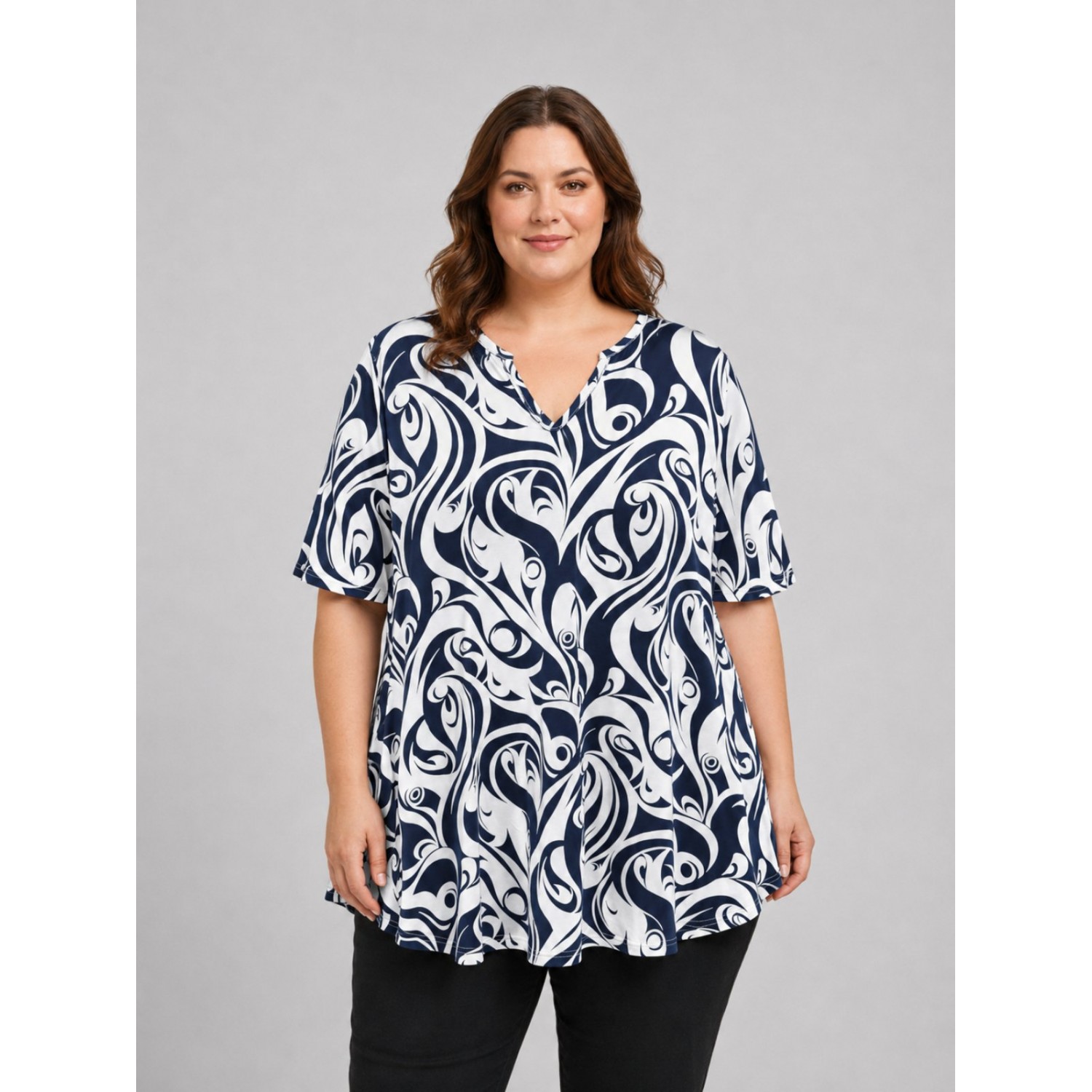 Plus Size Μπλούζα Ελαστική Μπλε Άσπρο