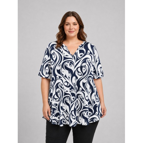 Plus Size Μπλούζα Ελαστική Μπλε Άσπρο