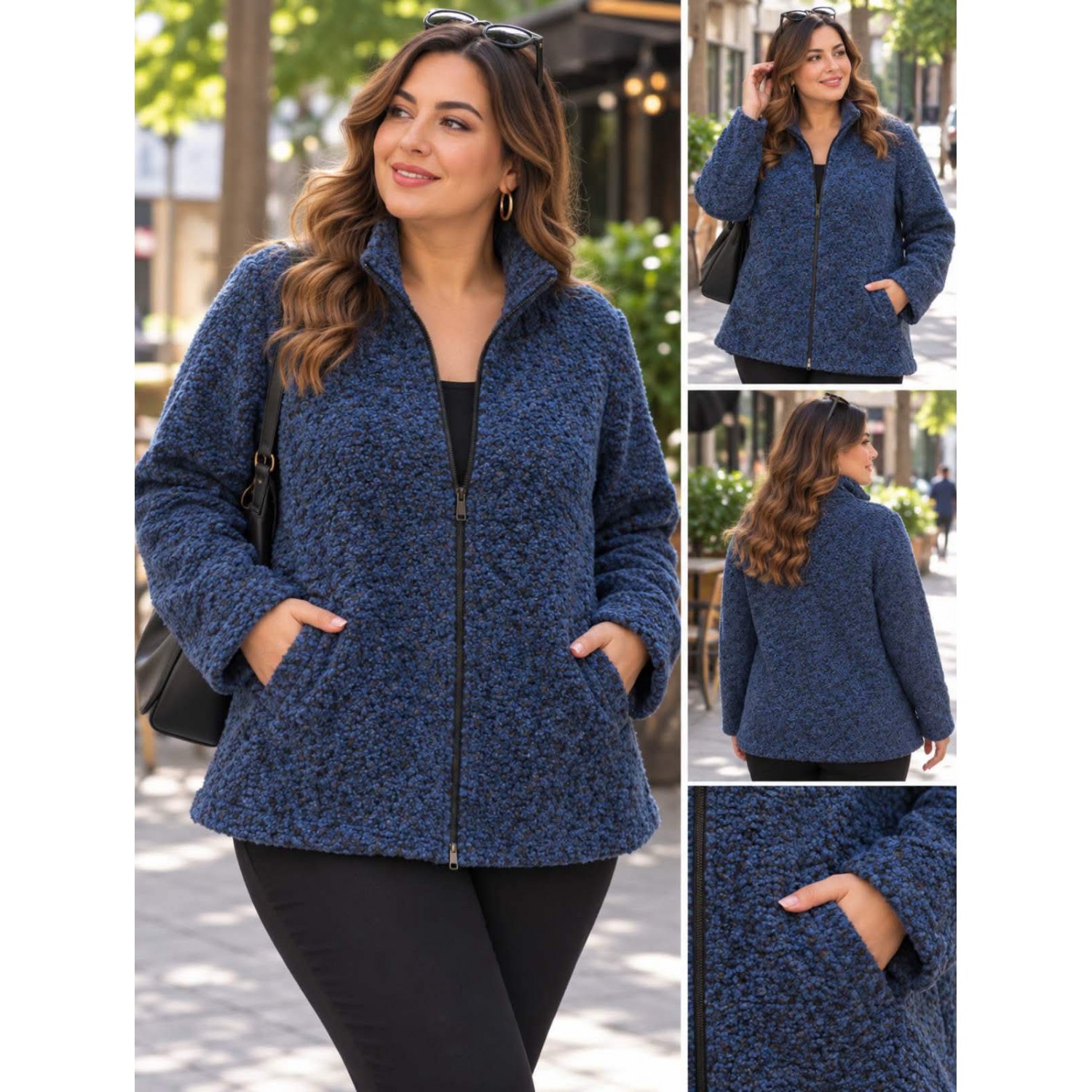 Plus Size Ζακέτα Bouclé με Φερμουάρ Μπλε Μαύρο
