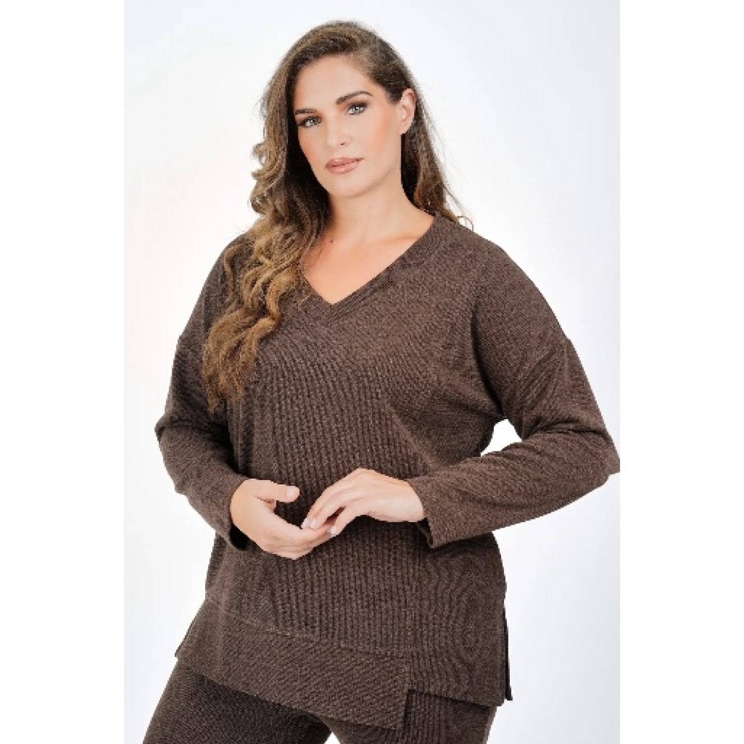 Plus Size Σετ Πλεκτό Rib Καφέ