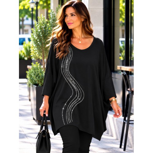 Plus Size Μπλούζα Υπερμέγεθος Μαύρο Strass