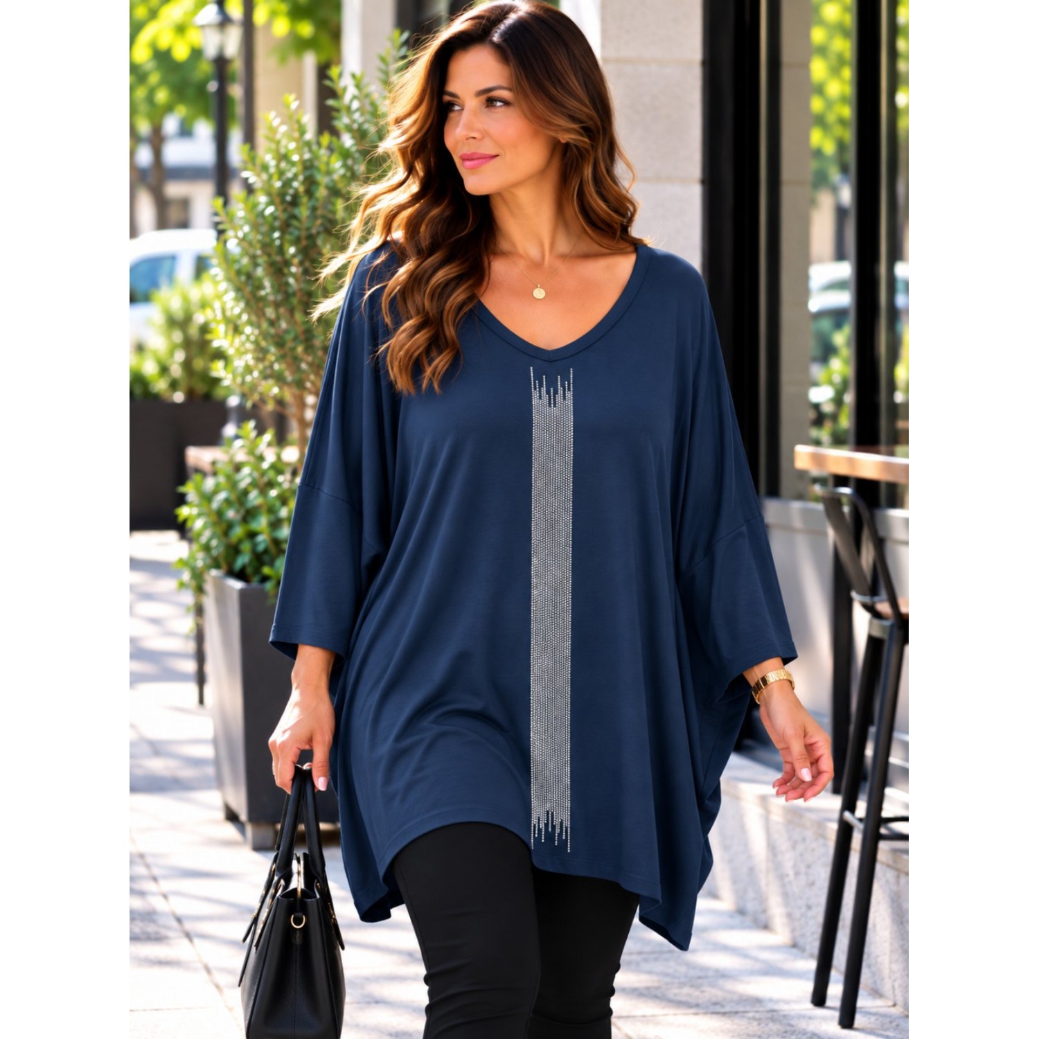 Plus Size Μπλούζα Υπερμέγεθος Μπλε Στρας