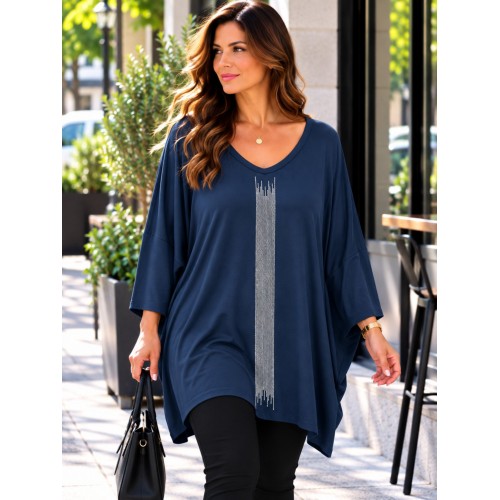 Plus Size Μπλούζα Υπερμέγεθος Μπλε Στρας