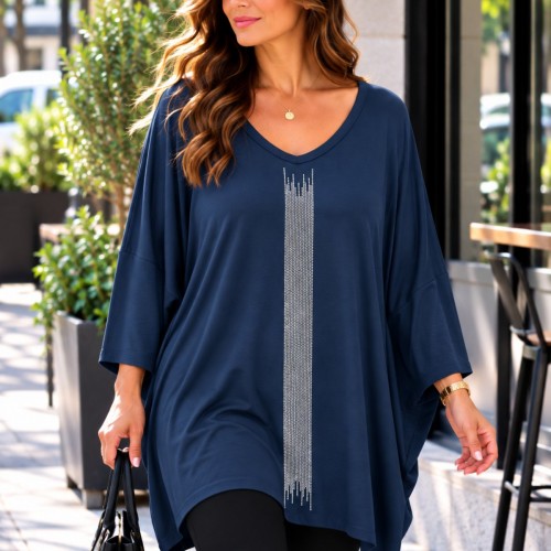 Plus Size Μπλούζα Υπερμέγεθος Μπλε Στρας