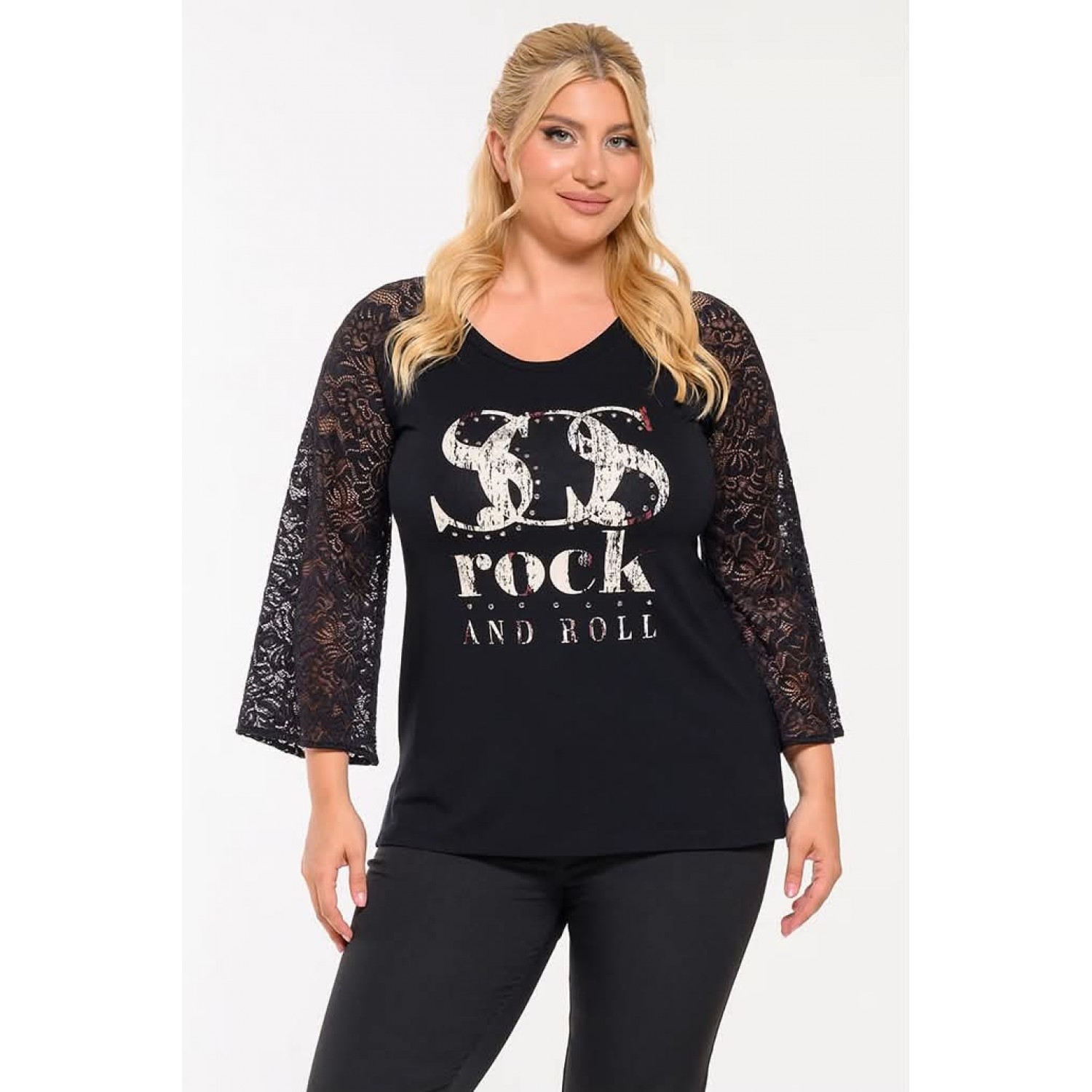 Plus Size Μπλούζα Με Δαντέλα Μαύρο