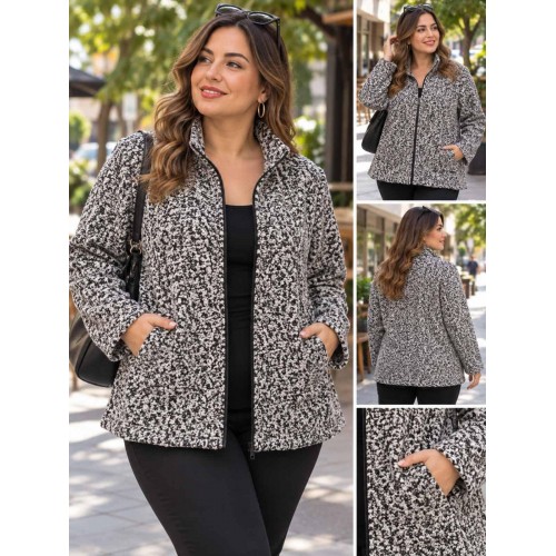 Plus Size Ζακέτα Bouclé με Φερμουάρ Γκρι Μαύρο