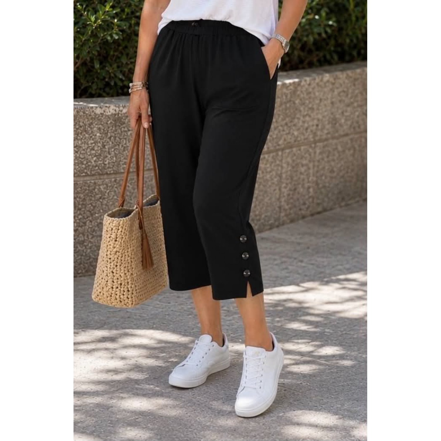 Plus Size Παντελόνι Κάπρι Viscose Μαύρο