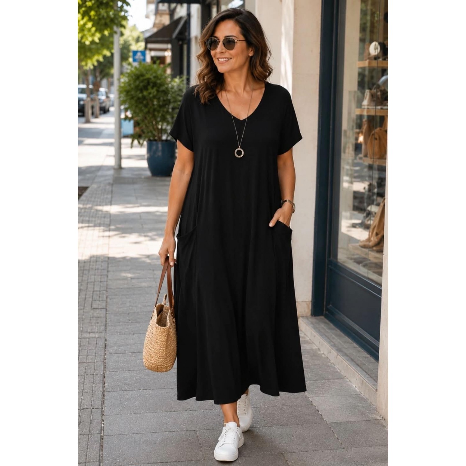 Φόρεμα Viscose Ελαστικό Με Τσέπες Μαύρο