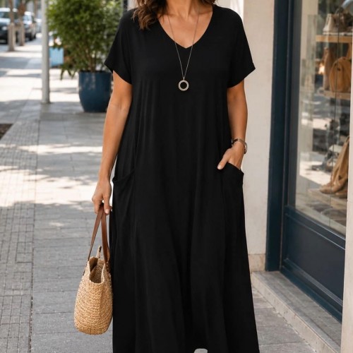Φόρεμα Viscose Ελαστικό Με Τσέπες Μαύρο