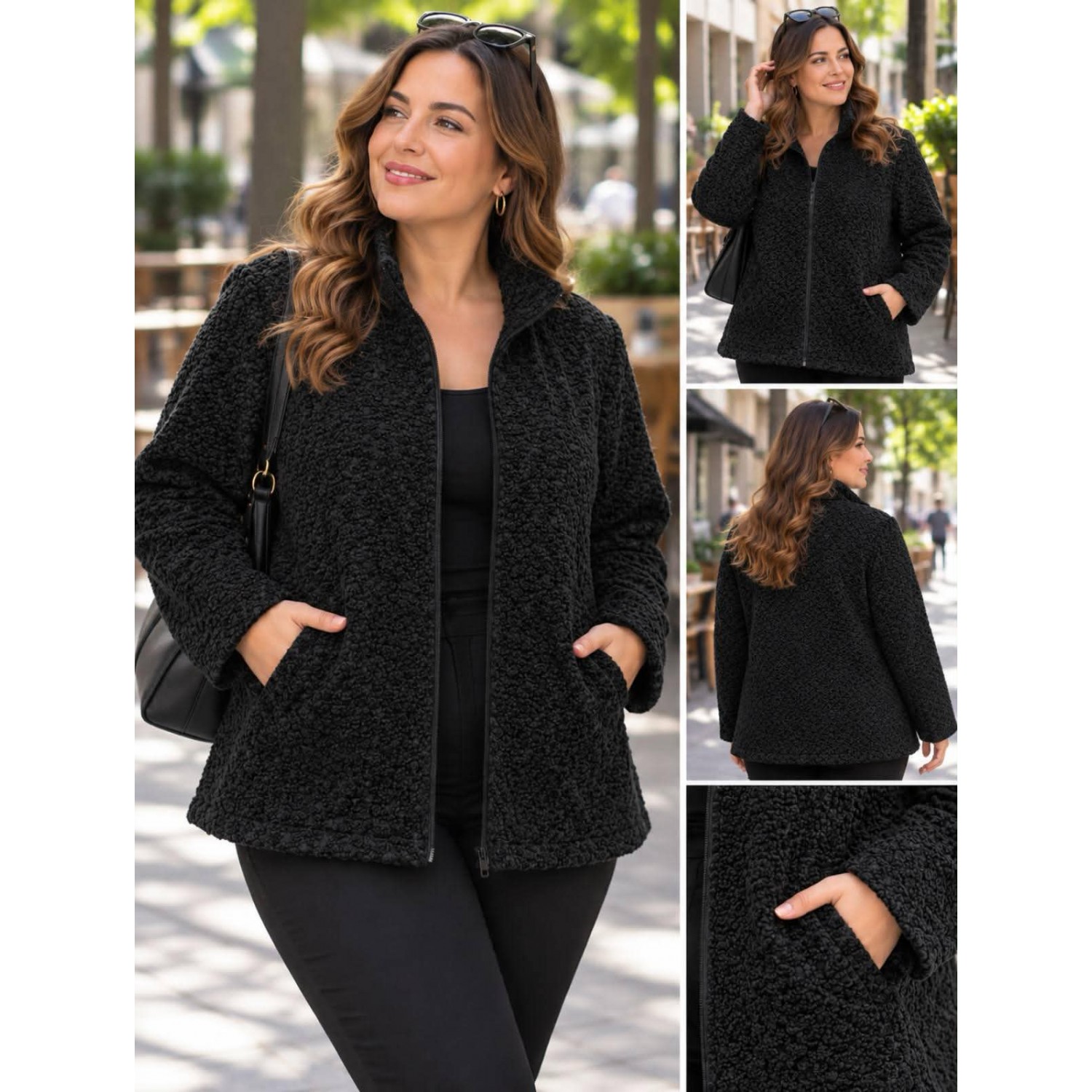 Plus Size Ζακέτα Bouclé με Φερμουάρ Μαύρο