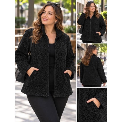 Plus Size Ζακέτα Bouclé με Φερμουάρ Μαύρο