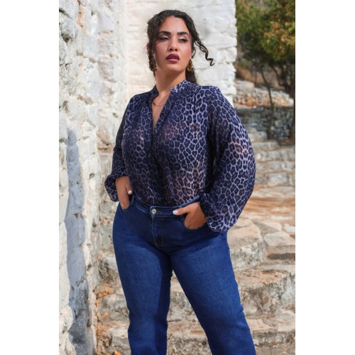 Plus Size Πουκαμίσα Εμπριμέ Μπλε Animal