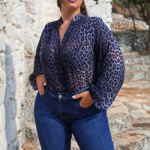 Plus Size Πουκαμίσα Εμπριμέ Μπλε Animal